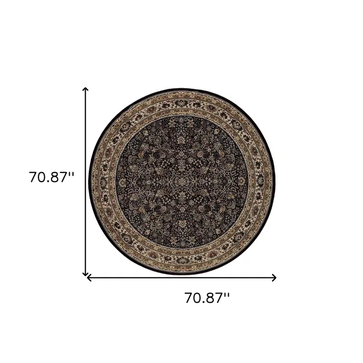 6' Black And Ivory Oriental Round Rug