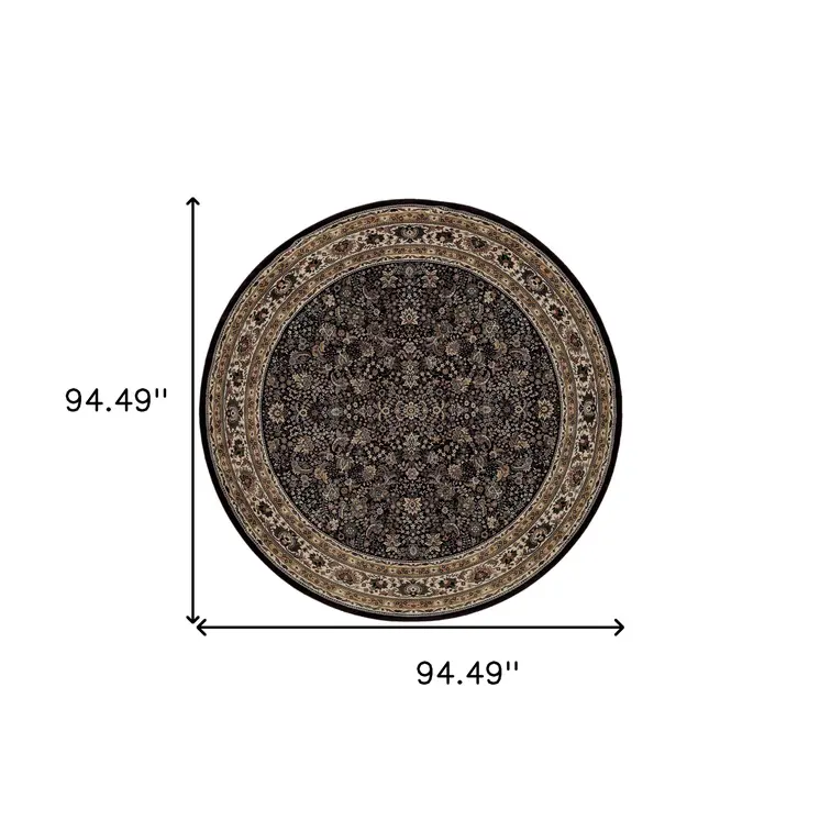 8' Black And Ivory Oriental Round Rug