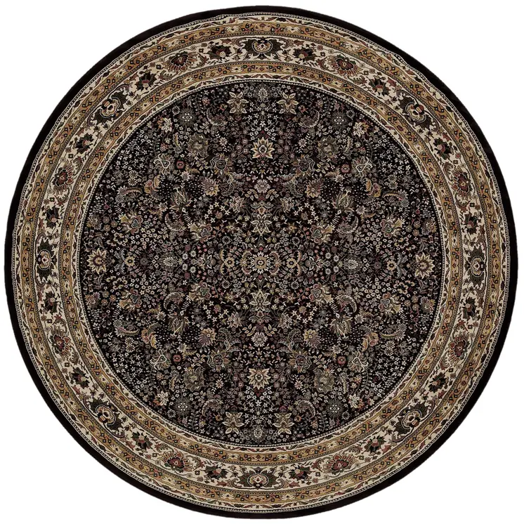 8' Black And Ivory Oriental Round Rug