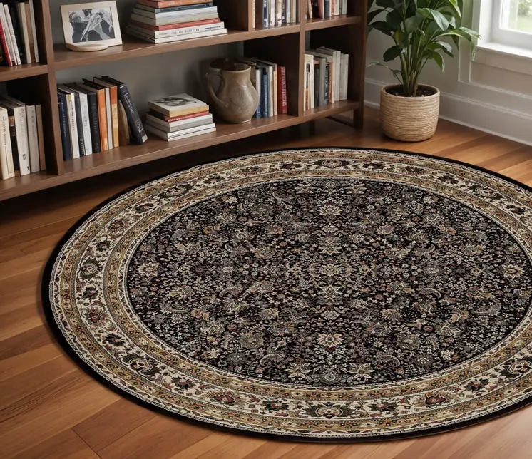 8' Black And Ivory Oriental Round Rug