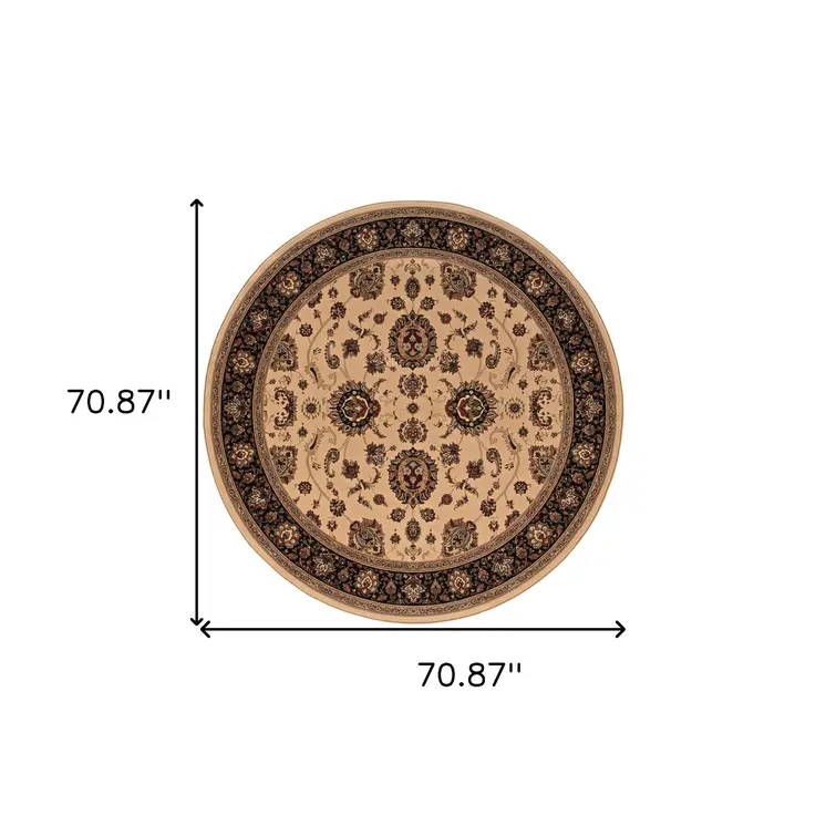 6' Ivory And Black Oriental Round Rug