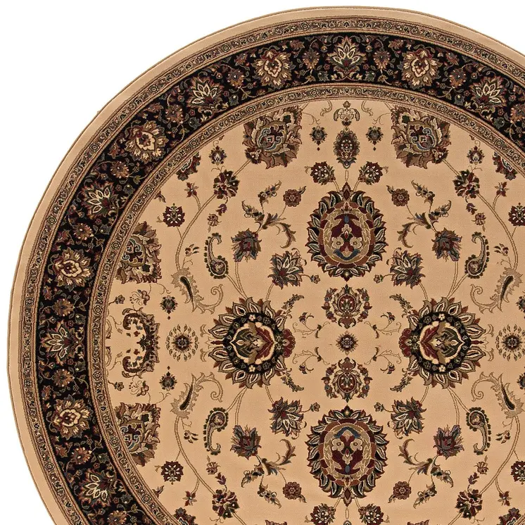 6' Ivory And Black Oriental Round Rug