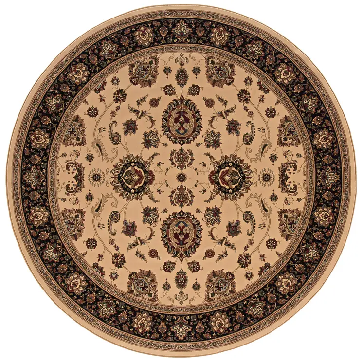 6' Ivory And Black Oriental Round Rug