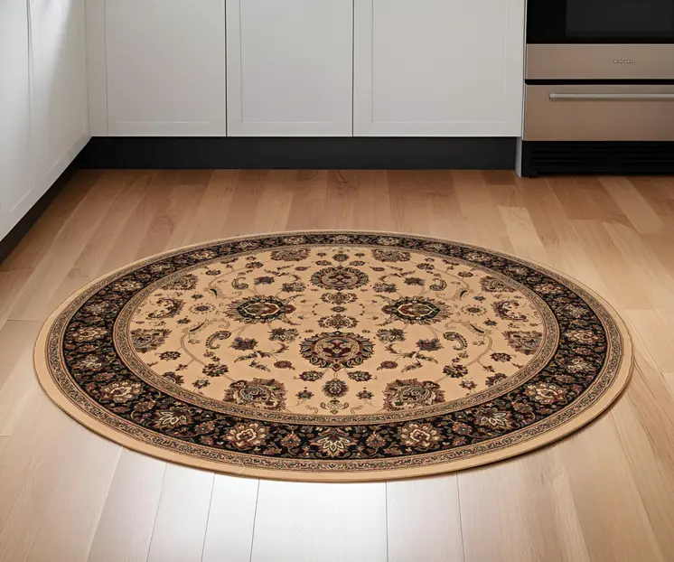 6' Ivory And Black Oriental Round Rug