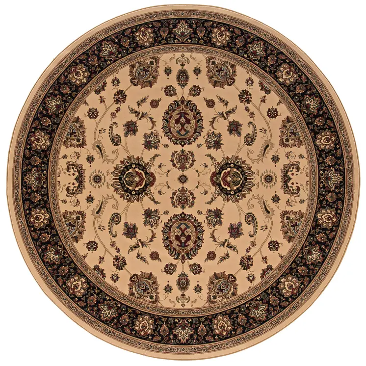 8' Ivory And Black Oriental Round Rug