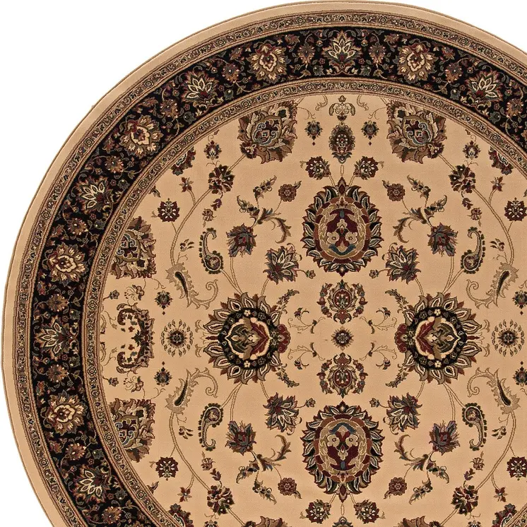 8' Ivory And Black Oriental Round Rug