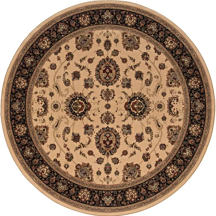 8' Ivory And Black Oriental Round Rug