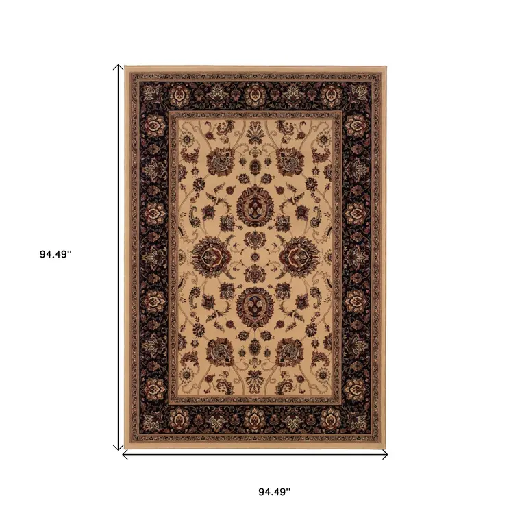 8' Ivory And Black Oriental Square Rug
