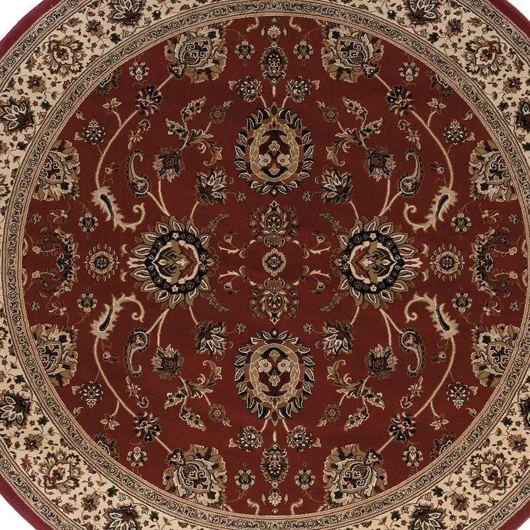 6' Red And Ivory Oriental Round Rug