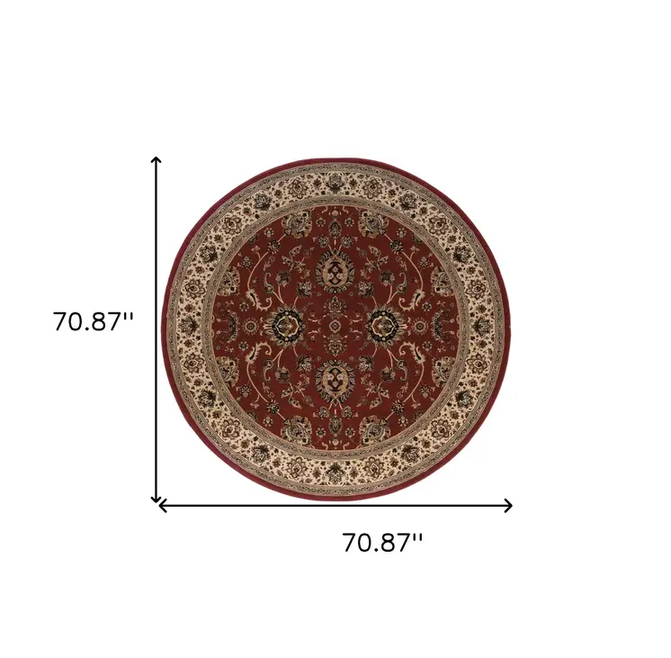 6' Red And Ivory Oriental Round Rug