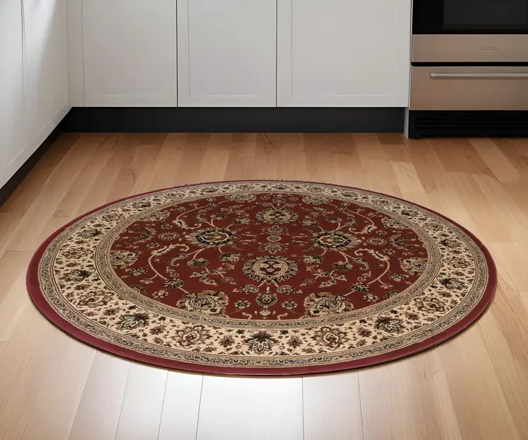 6' Red And Ivory Oriental Round Rug
