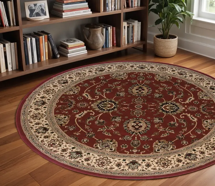 8' Red And Ivory Oriental Round Rug