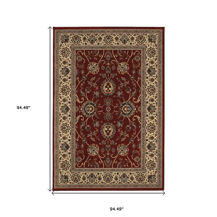 8' Red And Ivory Oriental Square Rug