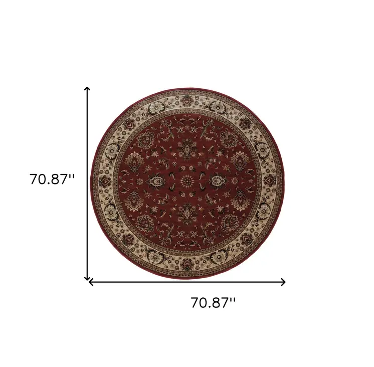 6' Red And Ivory Oriental Round Rug