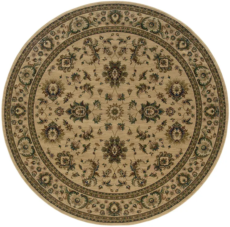 6' Ivory And Green Oriental Round Rug