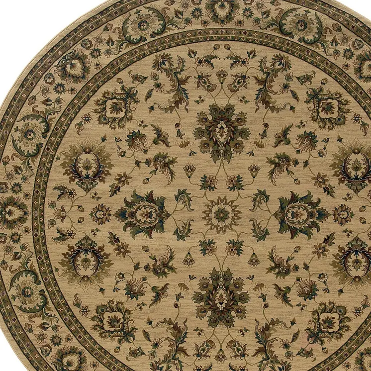 6' Ivory And Green Oriental Round Rug