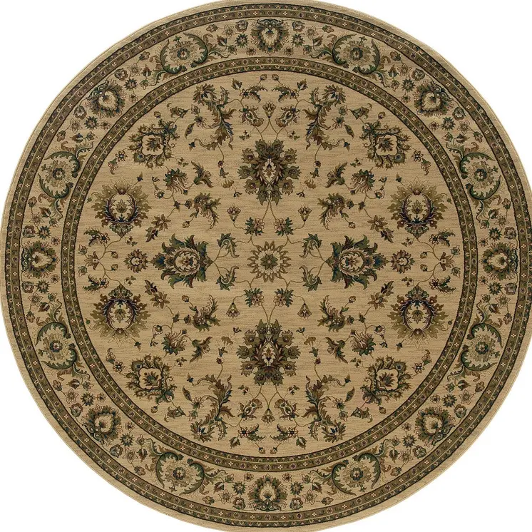 6' Ivory And Green Oriental Round Rug