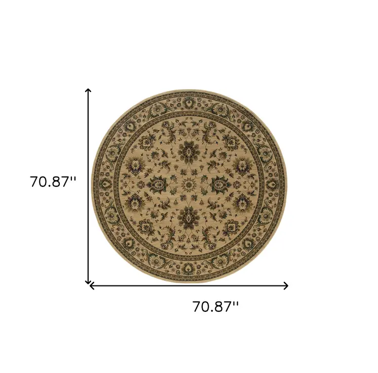 6' Ivory And Green Oriental Round Rug