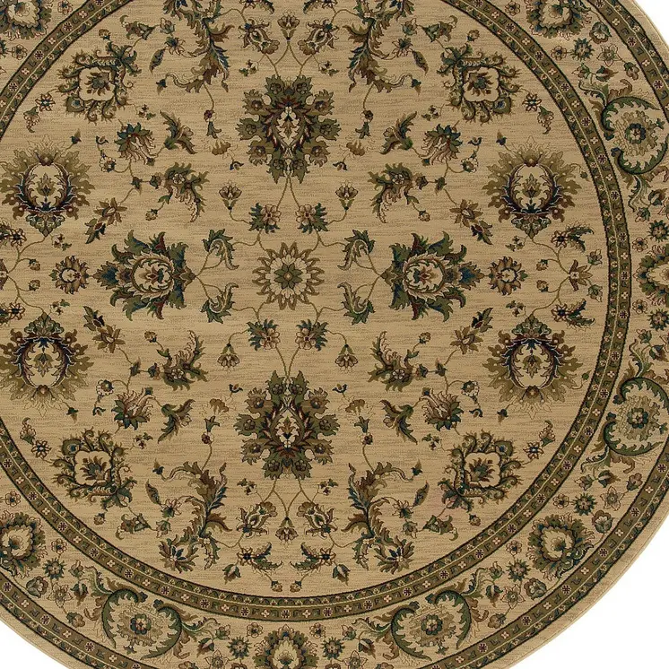 8' Ivory And Green Oriental Round Rug