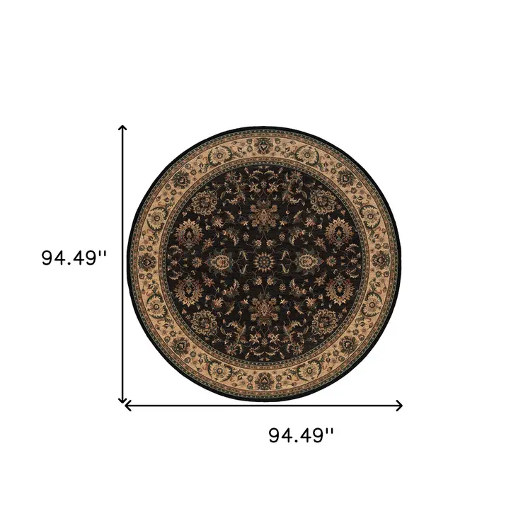 8' Black And Ivory Oriental Round Rug