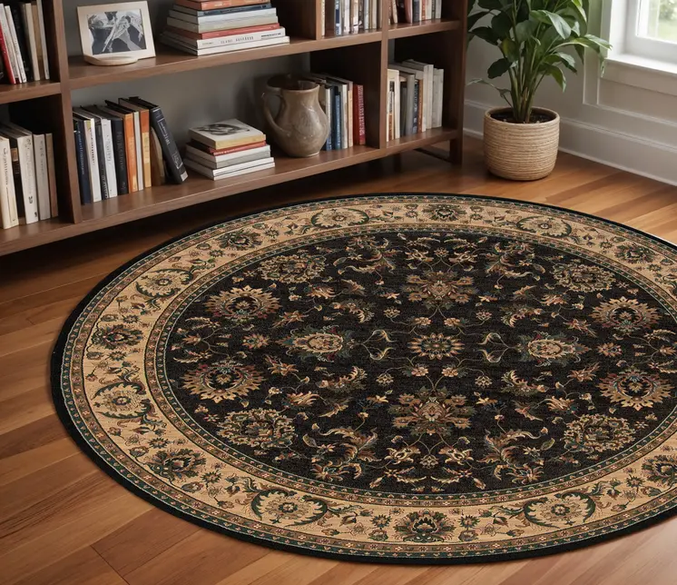 8' Black And Ivory Oriental Round Rug