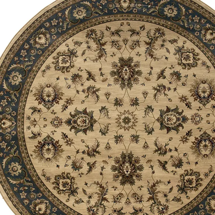 6' Ivory and Blue Oriental Round Rug