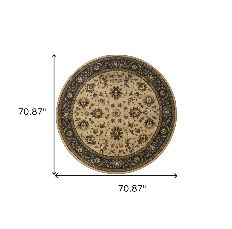6' Ivory and Blue Oriental Round Rug