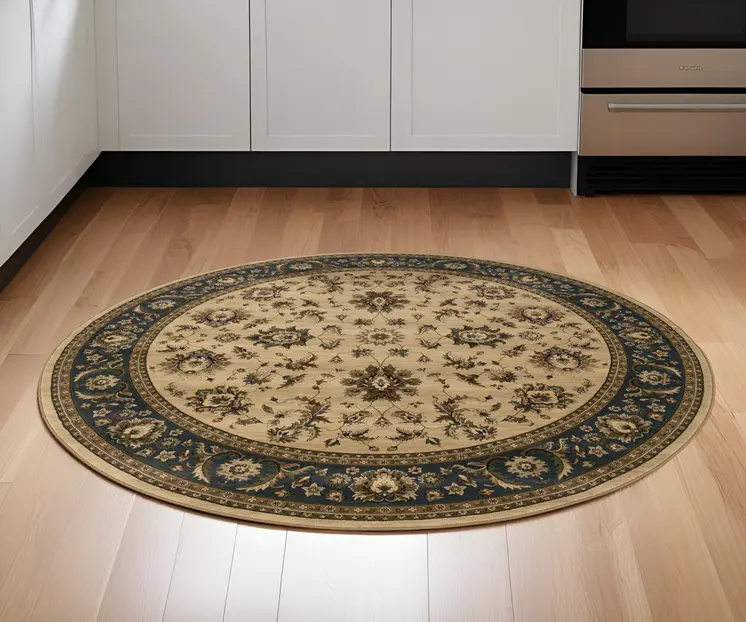 6' Ivory and Blue Oriental Round Rug