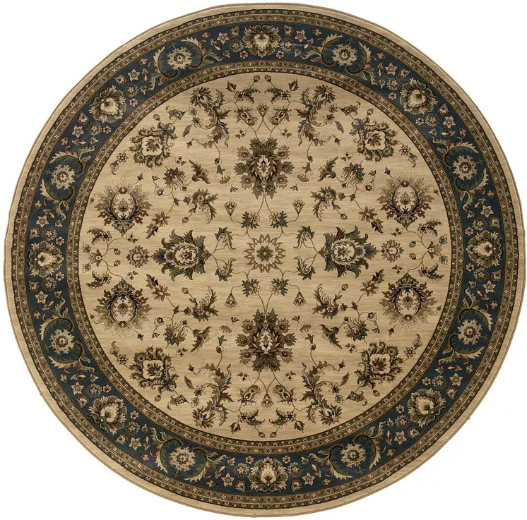 8' Ivory And Blue Oriental Round Rug