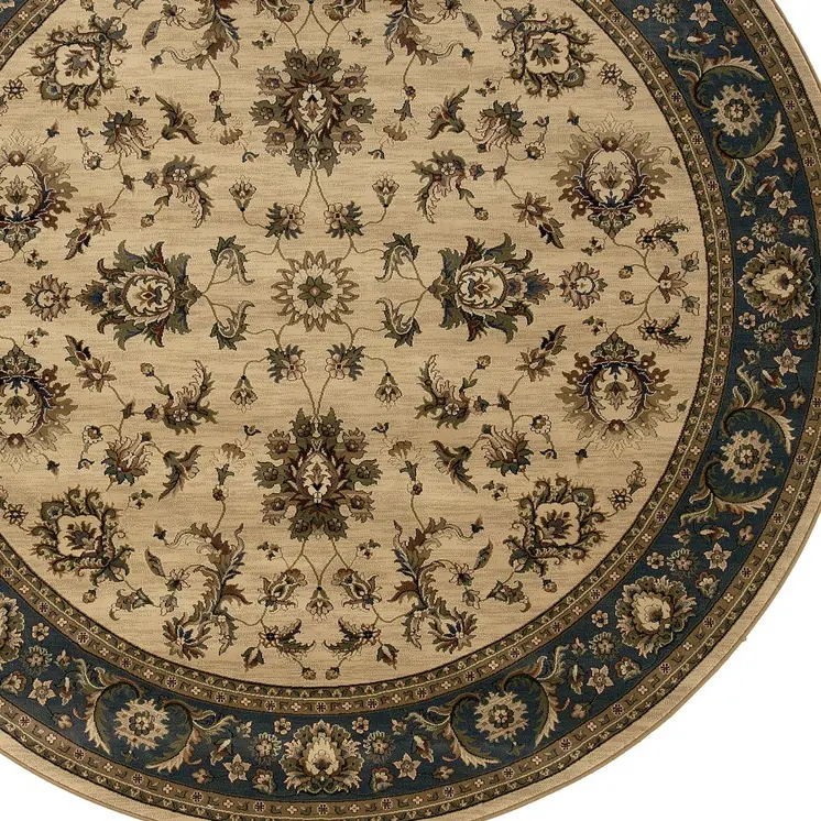 8' Ivory And Blue Oriental Round Rug