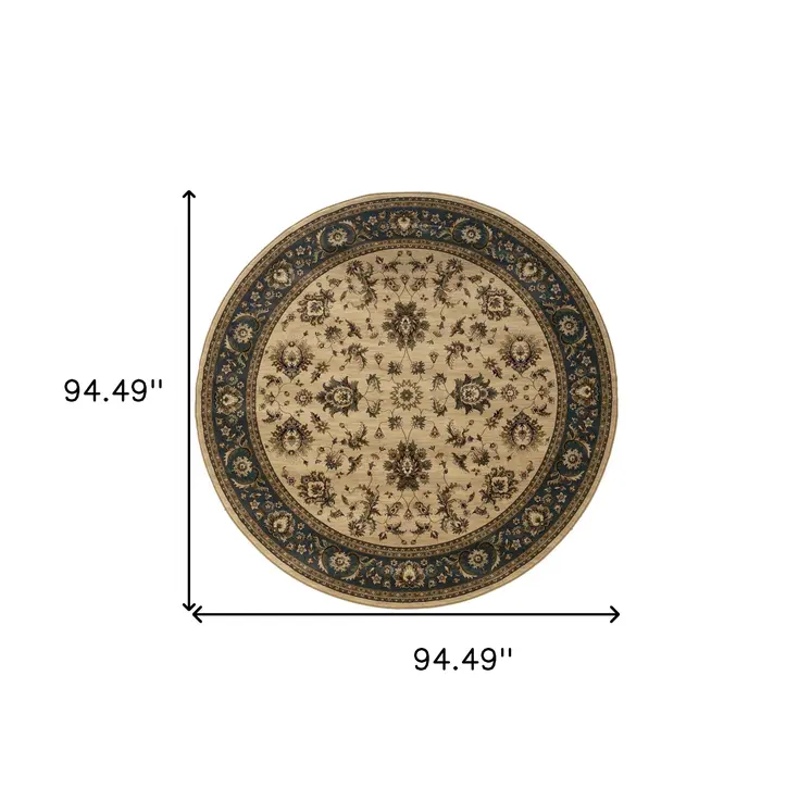 8' Ivory And Blue Oriental Round Rug