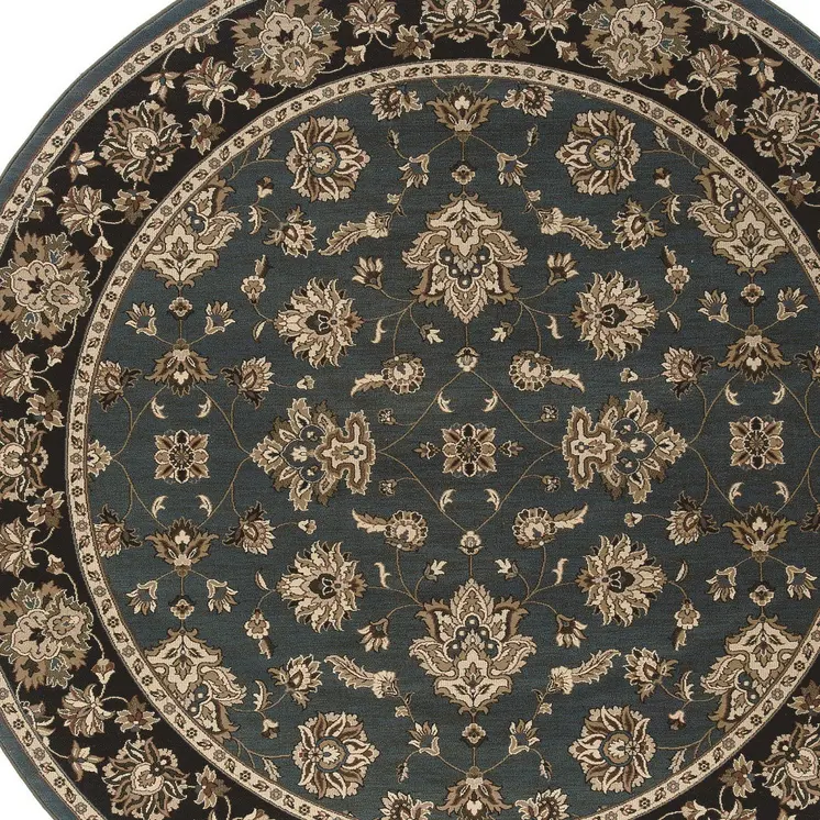 6' Slate Blue Black and Ivory Floral Round Rug