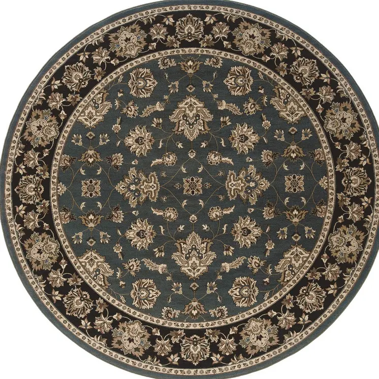 6' Slate Blue Black and Ivory Floral Round Rug