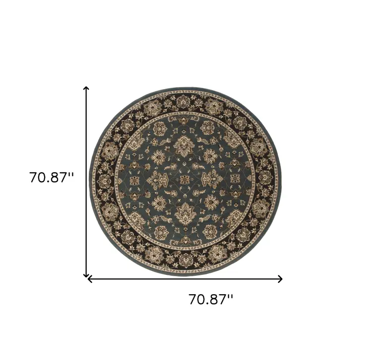 6' Slate Blue Black and Ivory Floral Round Rug