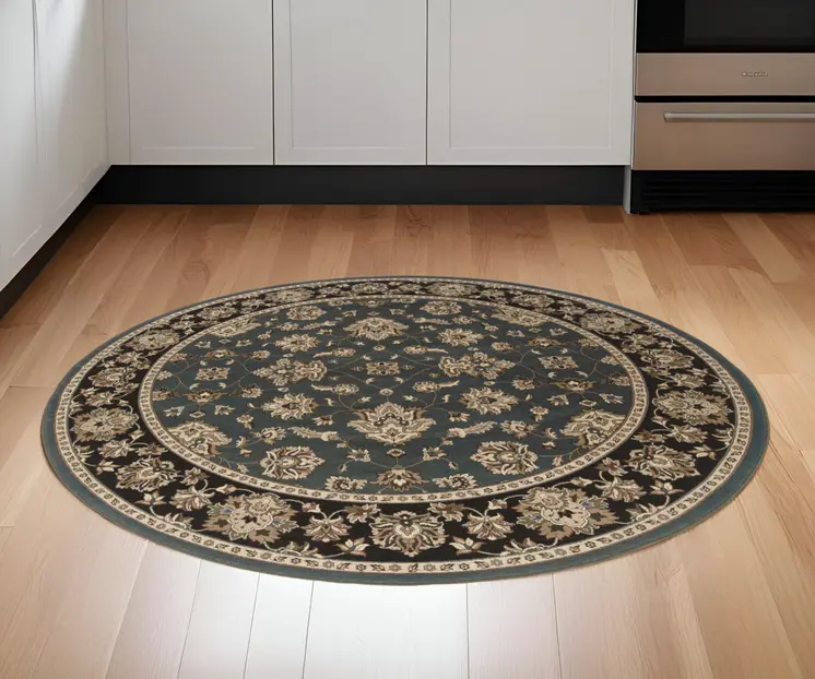 6' Slate Blue Black and Ivory Floral Round Rug