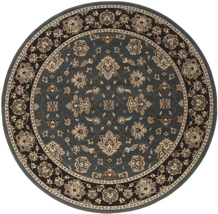 8' Blue And Black Floral Round Rug
