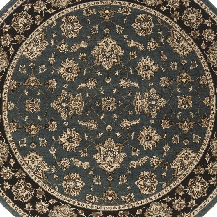 8' Blue And Black Floral Round Rug