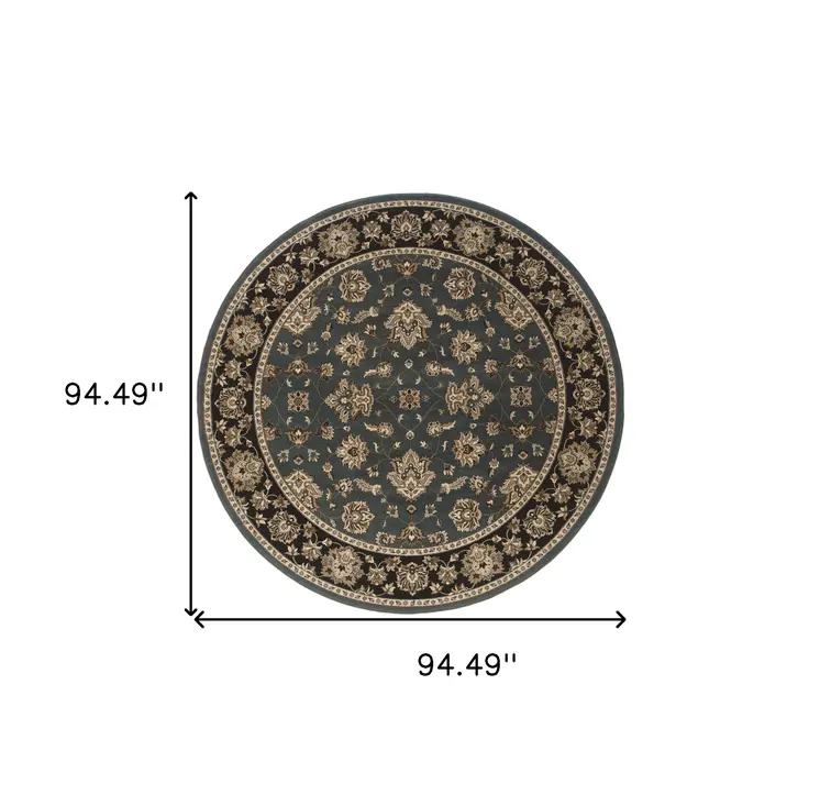 8' Blue And Black Floral Round Rug
