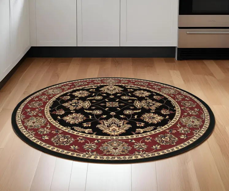 6' Ivory Red and Black Floral Round Rug