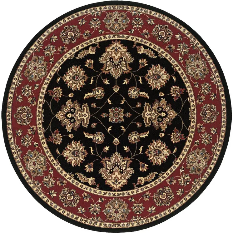8' Black And Red Floral Round Rug