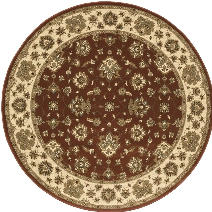 6' Red and Ivory Floral Round Rug