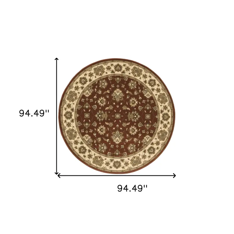 8' Red And Ivory Floral Round Rug