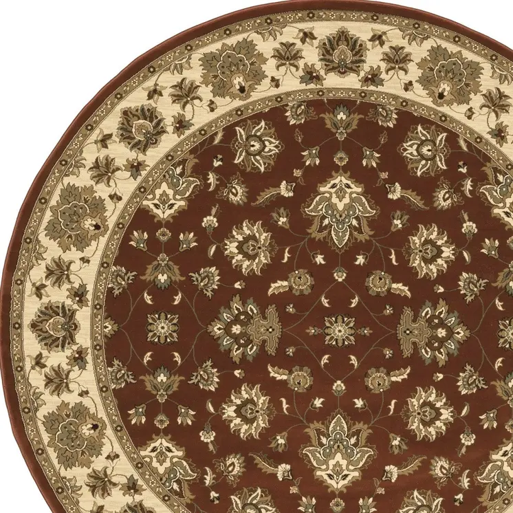 8' Red And Ivory Floral Round Rug