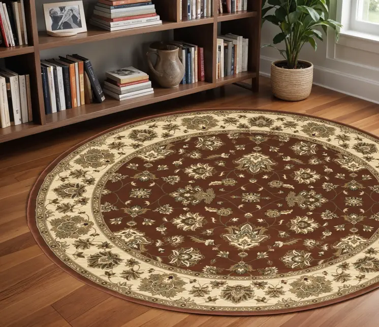 8' Red And Ivory Floral Round Rug