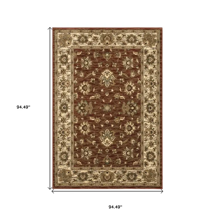 8' Red And Ivory Floral Square Rug