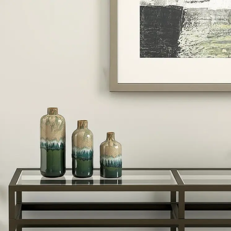 Set of Three Beige Blue And Green Round Ceramic Table Vase