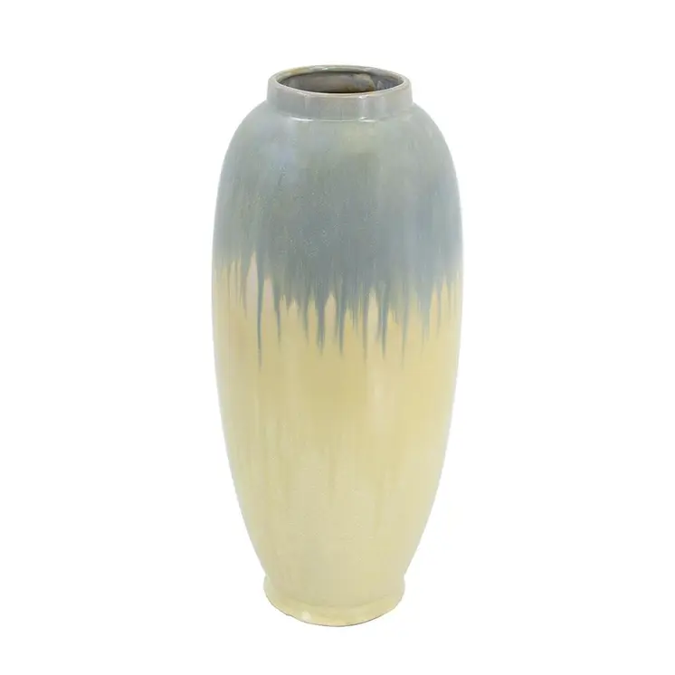 16" Cream And Blue Round Ceramic Table Vase