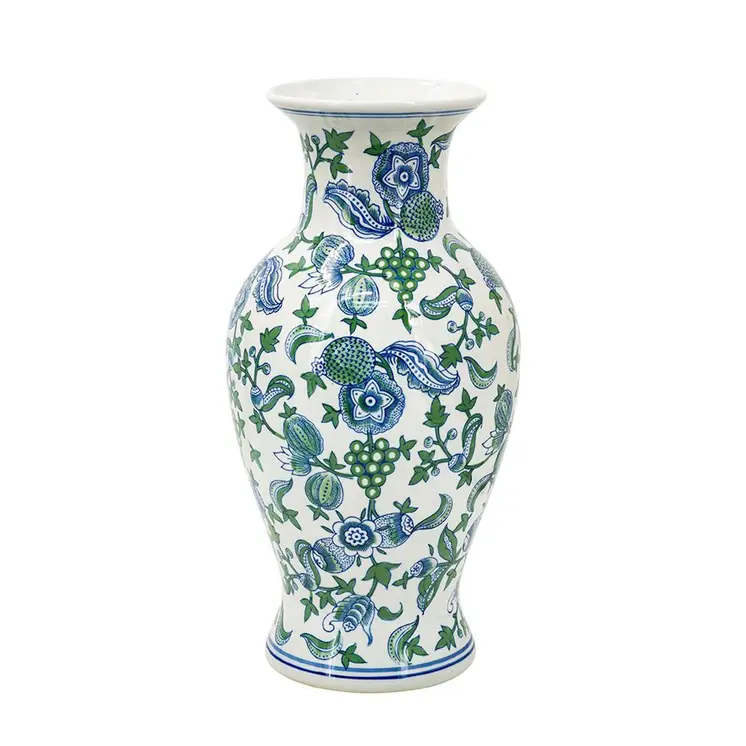 19" White Blue And Green Floral Urn Porcelain Table Vase