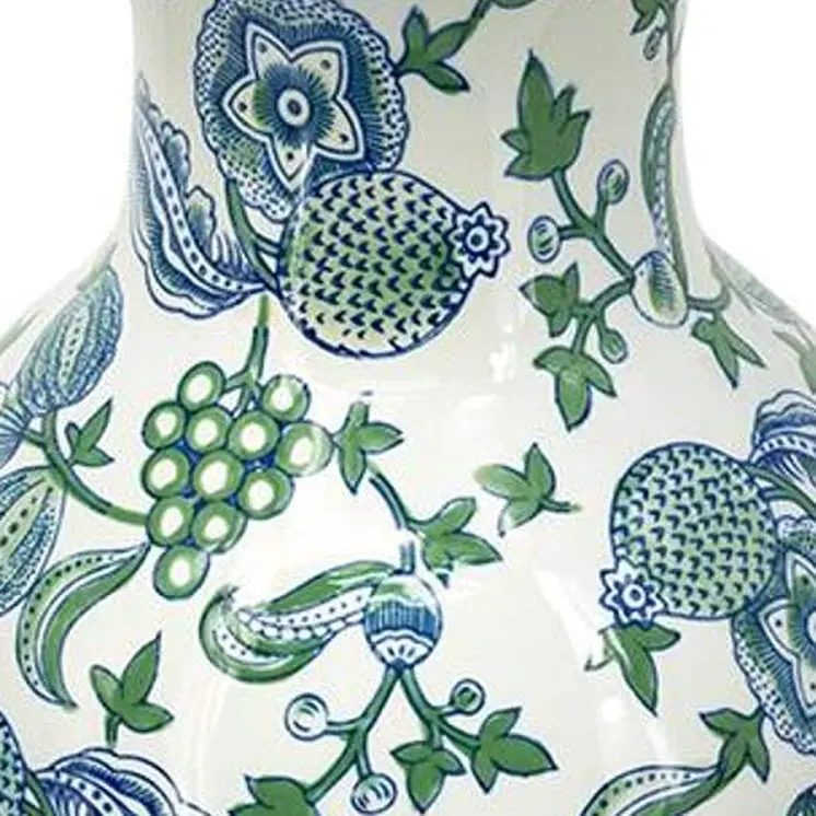 19" White Blue And Green Floral Urn Porcelain Table Vase