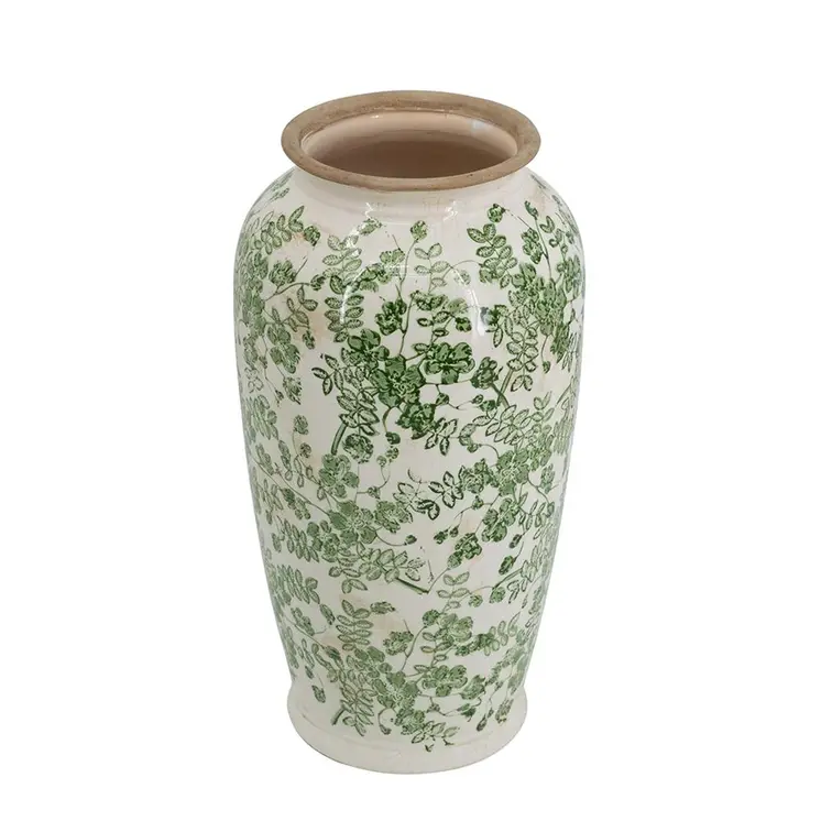 15" Green and White Leaf Trumpet Ceramic Table Vase With Does Not Apply